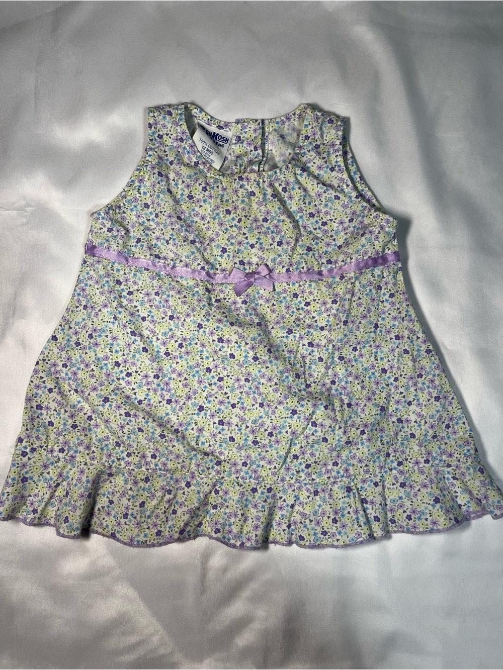 Vtg OshKosh B’gosh Baby Girls Dress 12M Purple Green Floral Bow 100% Cotton